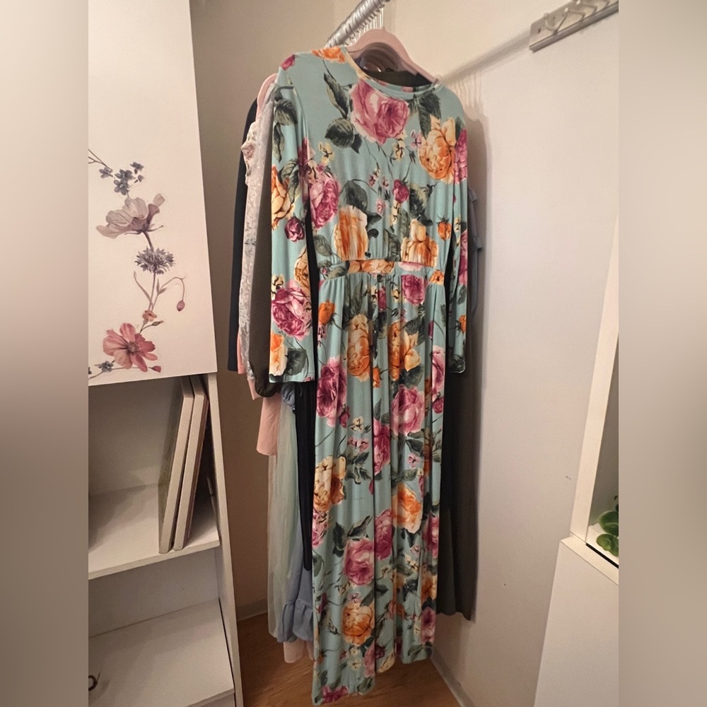 Floral Maxi Dress in Mint with Pink & Yellow Blooms